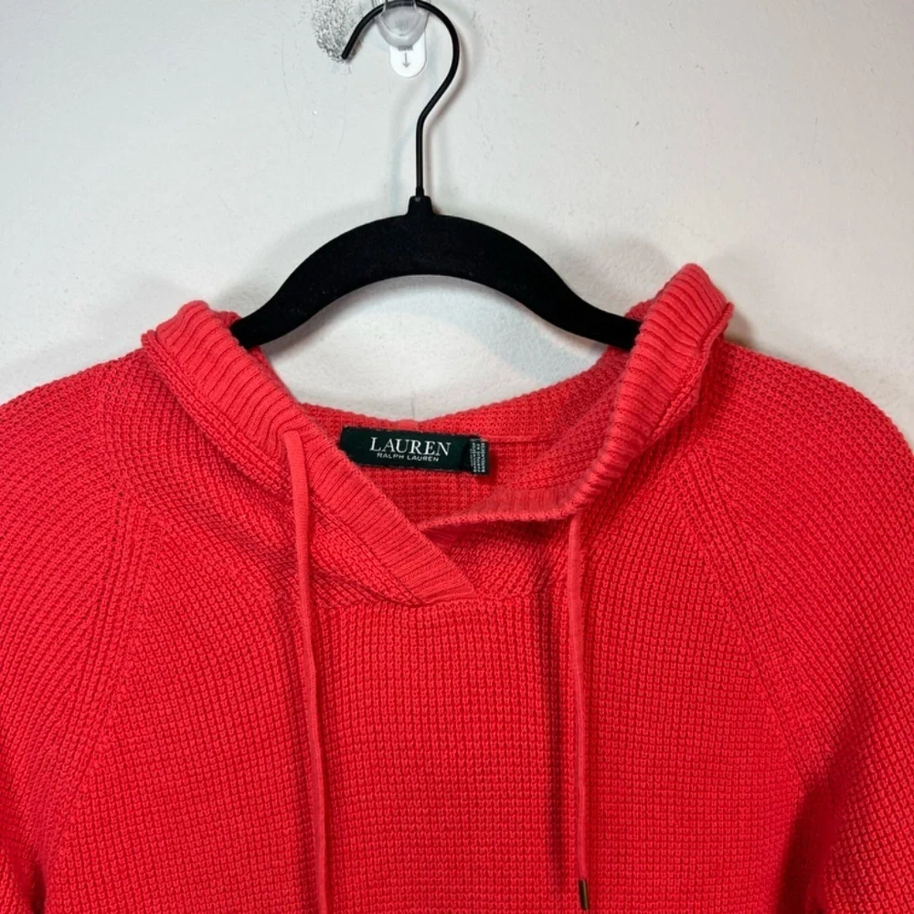 Lauren Ralph Lauren Hooded Waffle Knit Sweater Top Shirt Orange  Sz Small Petite